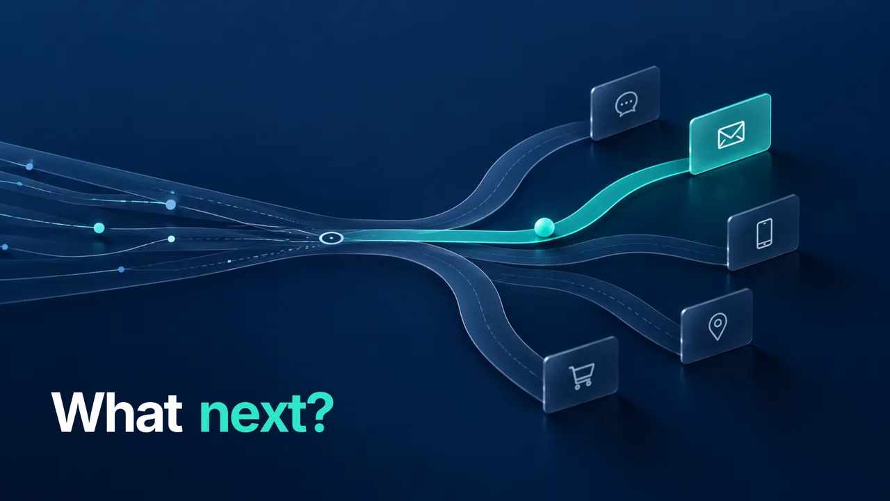 Customer signals branching into channel paths with one teal path highlighted, captioned What next?